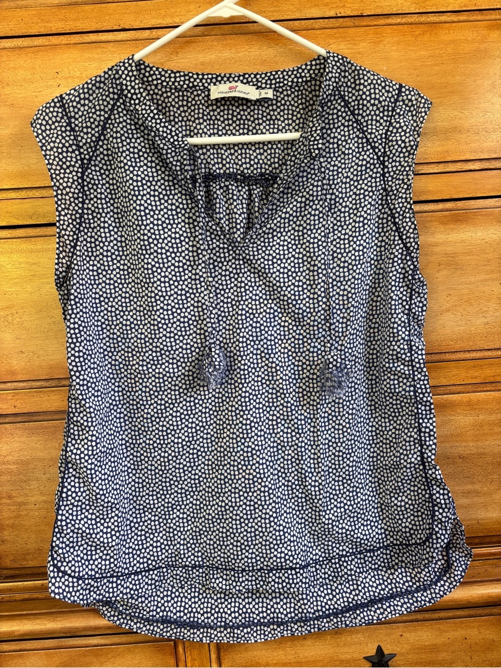 Vineyard Vines Navy and White Dot Tie-Neck Sleeveless Top, Size Medium